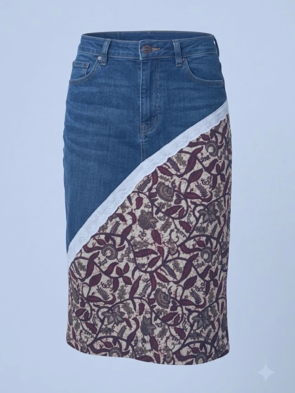 Denim and Patterned Lace-Trim Midi Skirt - Blue & Burgundy. OOAK. NWOT. Handmade